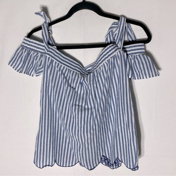 Guess Blue White Striped Off Shoulder Eyelet Trim Top M - Picture 12 of 13